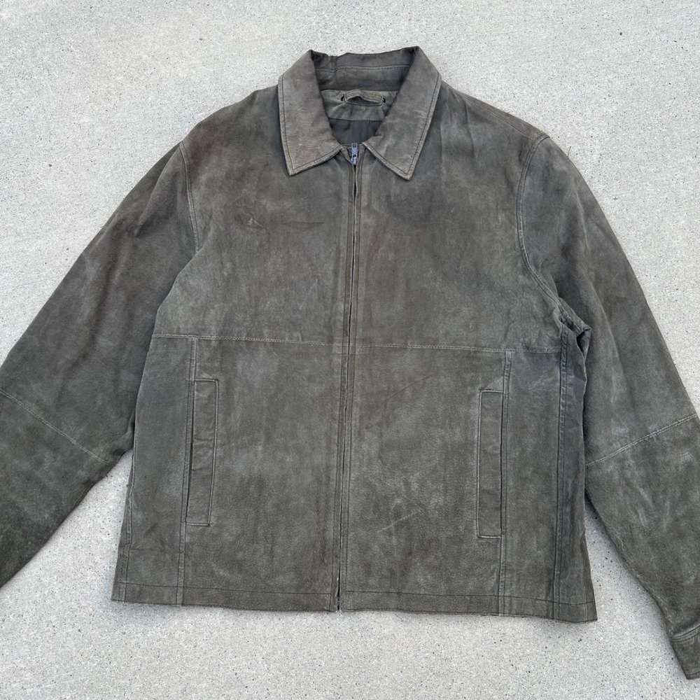 Wilsons Leather Jacket Mens Large Olive Green Suede Full Zip Harrington Coat